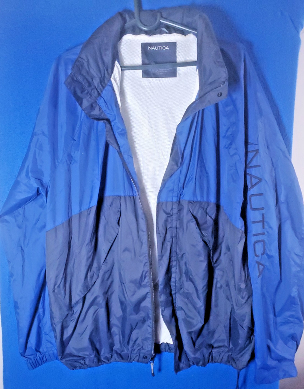 Vtg Nautica Windbreaker Jacket Mens XL Blue Colorblock Spellout Sleeve Full Zip